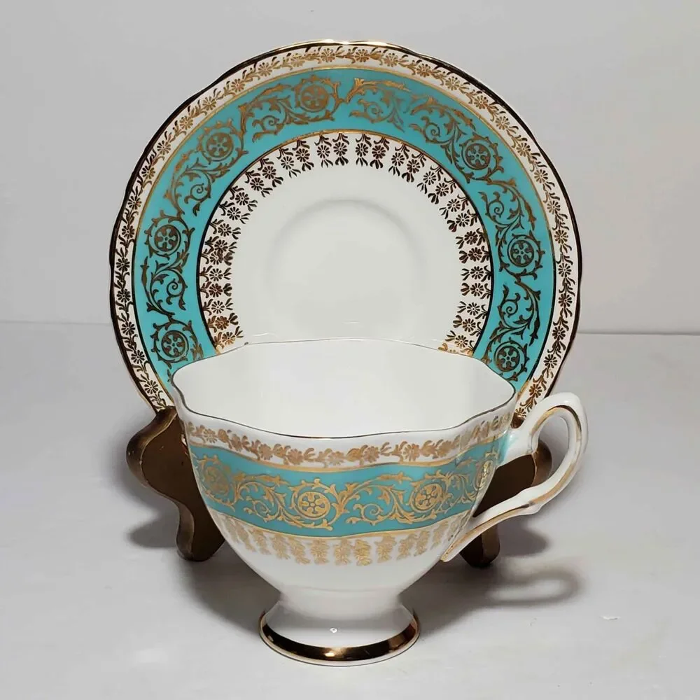 Salisbury Teacup and Saucer Blue Gold Vintage